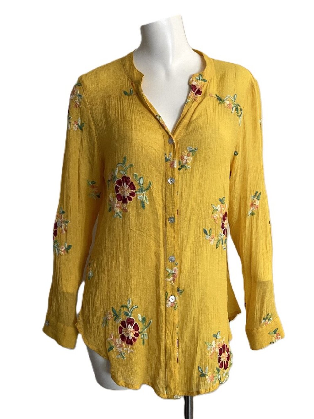 Fig & Flower Top Women’s M Yellow Blouse Embroidered Floral Cottagecore Boho